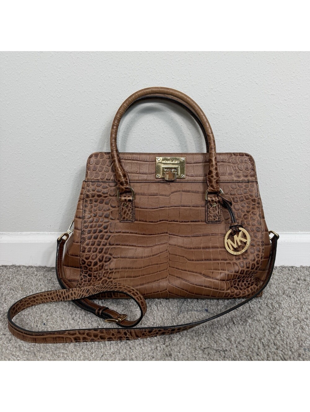 Michael Kors Astrid Croc Embossed Large Leather Satchel Handbag In Walnut Brown